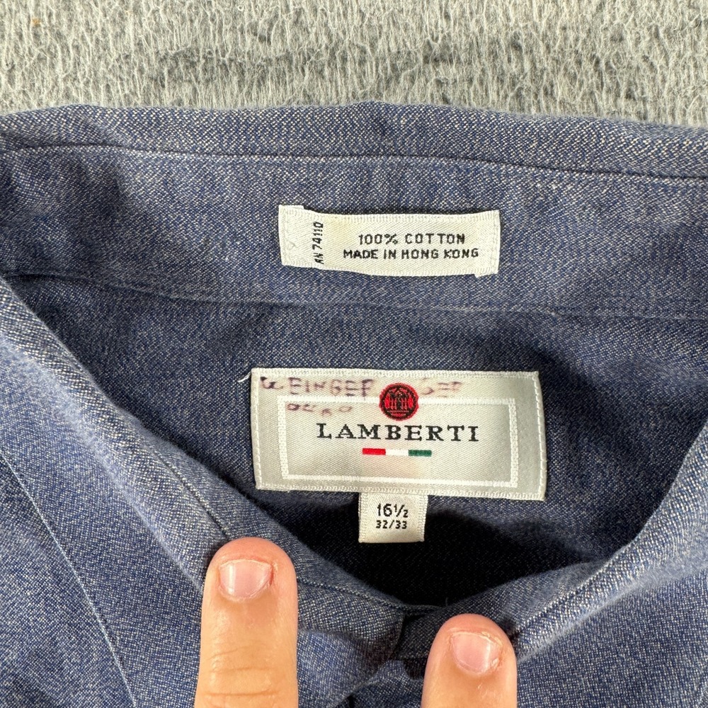 Lamberti Shirt Men's 16.5 Blue Long Sleeve Collared Front Pocket Button Up - Picture 3 of 6